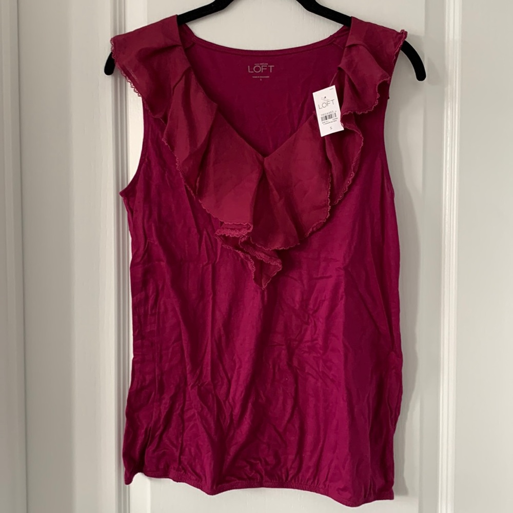 NWT LOFT Magenta Cotton And Modal Blend Ruffle Neckline Sleeveless Top Size S